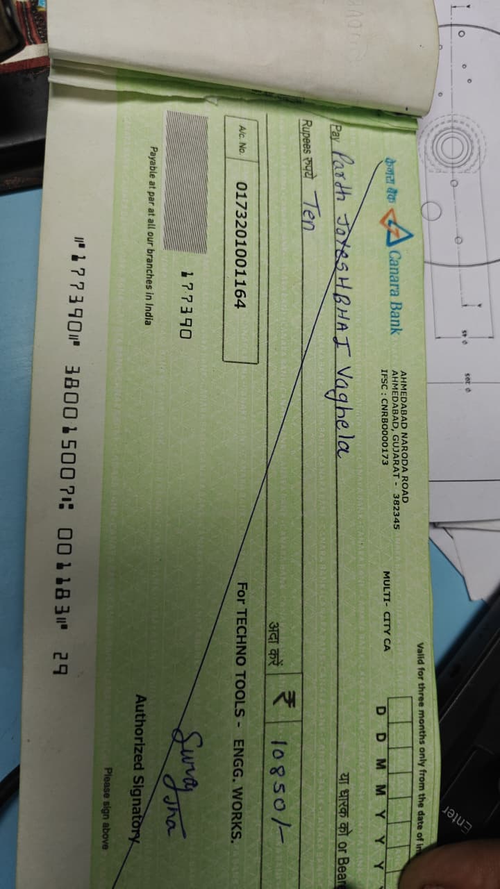 Techno Tools & Engg. Works Bank Cheque Image