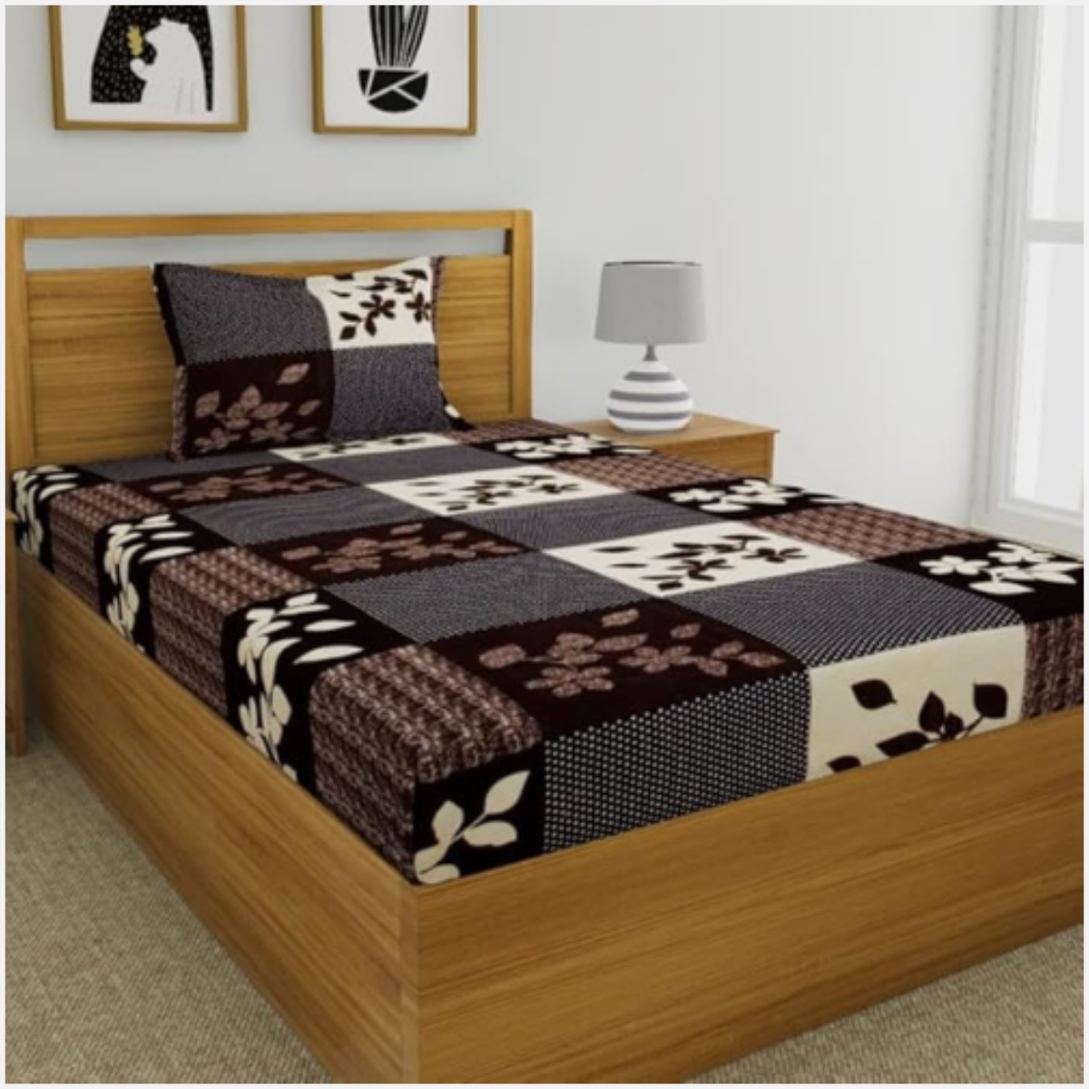 Fashion String 144 TC Microfibre Brown Single Bedsheet with 1 Pillow Cover